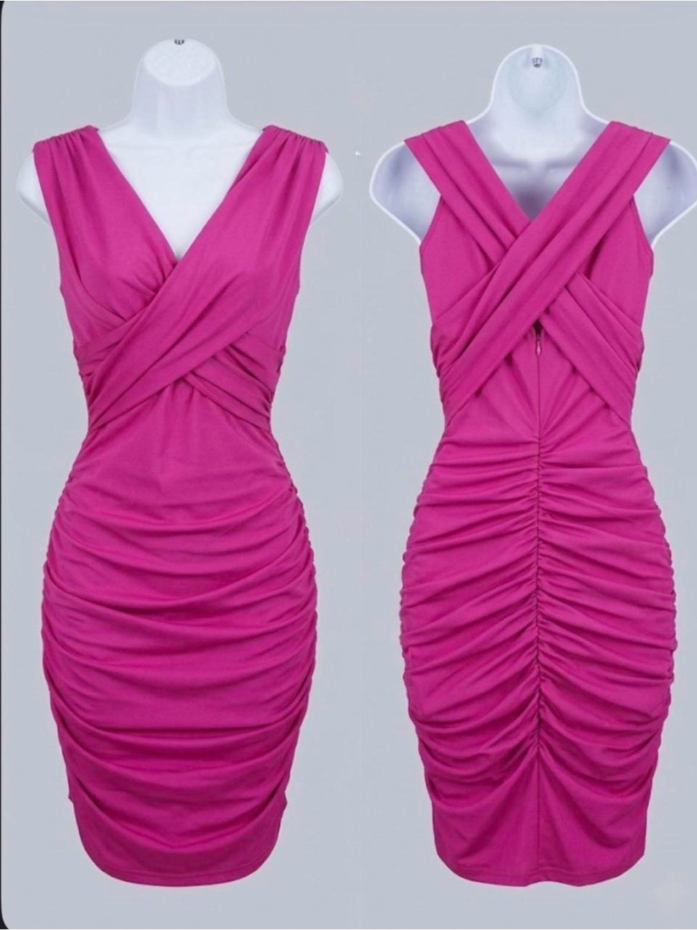 Fuchsia Ruched Cross-Front Midi Dress